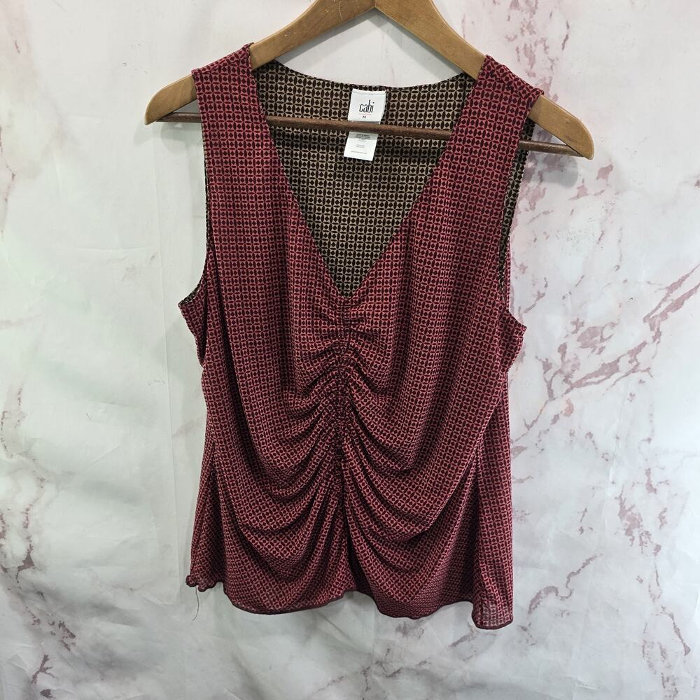 CAbi Shirt Womens Medium Brown Pink Tank Top Blouse Reversible Mesh Ruched Sassy